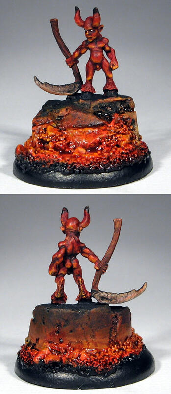 Two product photos of a red horned demon figurine on a glowing lava base.