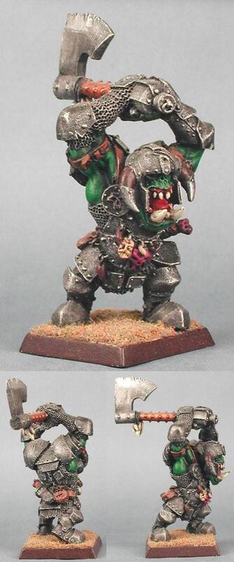 Painted fantasy ogre miniature, shown from three angles, raising a stone hammer.