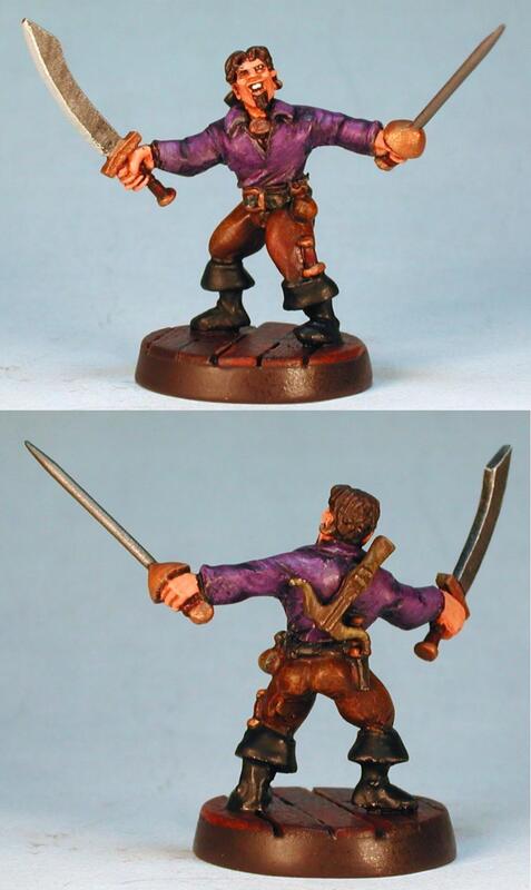 Front and back views of a painted pirate miniature holding two swords on a round base.