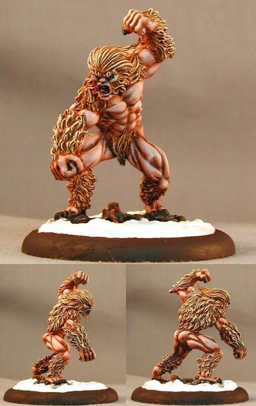 Painted miniatures show a muscular one-eyed beast on snowy bases from three angles.