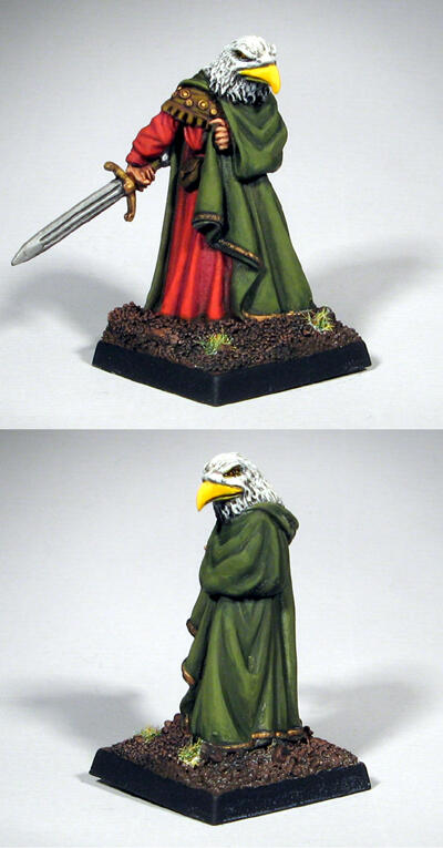 Painted fantasy miniature in green cloak and red robes, shown front and back.
