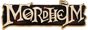 Mordheim logo in stylized medieval lettering with a parchment-like border.