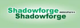 Shadowforge Miniatures logo in green and teal on a pale green background