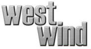 Gray beveled text logo reading “west wind”
