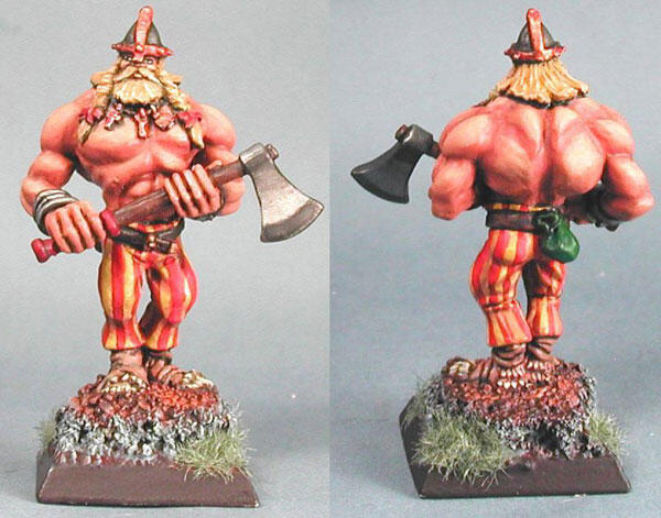 Front and back views of a painted muscular miniature warrior holding an axe on a grassy base