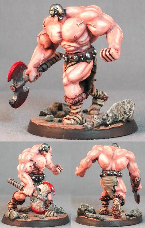 Three views of a painted fantasy giant miniature wielding a bloody axe.