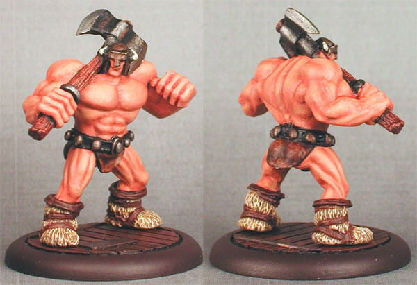Painted miniature of a muscular red humanoid with a hammer, shown front and back