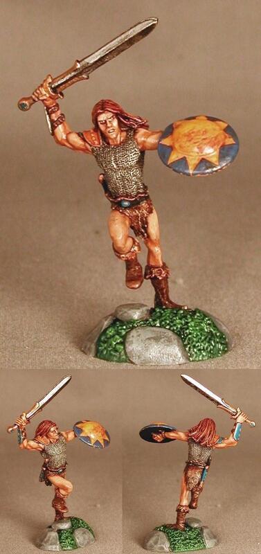 Painted miniature warrior with raised sword and shield on a green base, shown from three views.