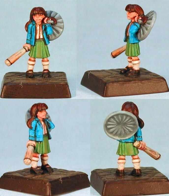 Painted girl figurine with backpack and bat, shown from four angles