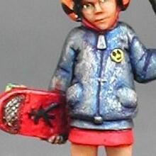 Painted skater miniature with raised machete on a round base, shown from three angles.