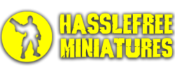 Hasslefree Miniatures logo with yellow soldier silhouette and bold yellow text