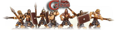 Graphic logo with a row of armed fantasy dwarves and a shield